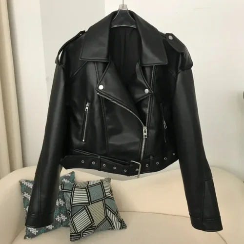 kf See0c8126ca034a3a98099b3761fac38fc Pu Faux Leather Jacket Woman Chic Vintage American Spring Street Wear Short Lapel Zipper Belt Biker 1