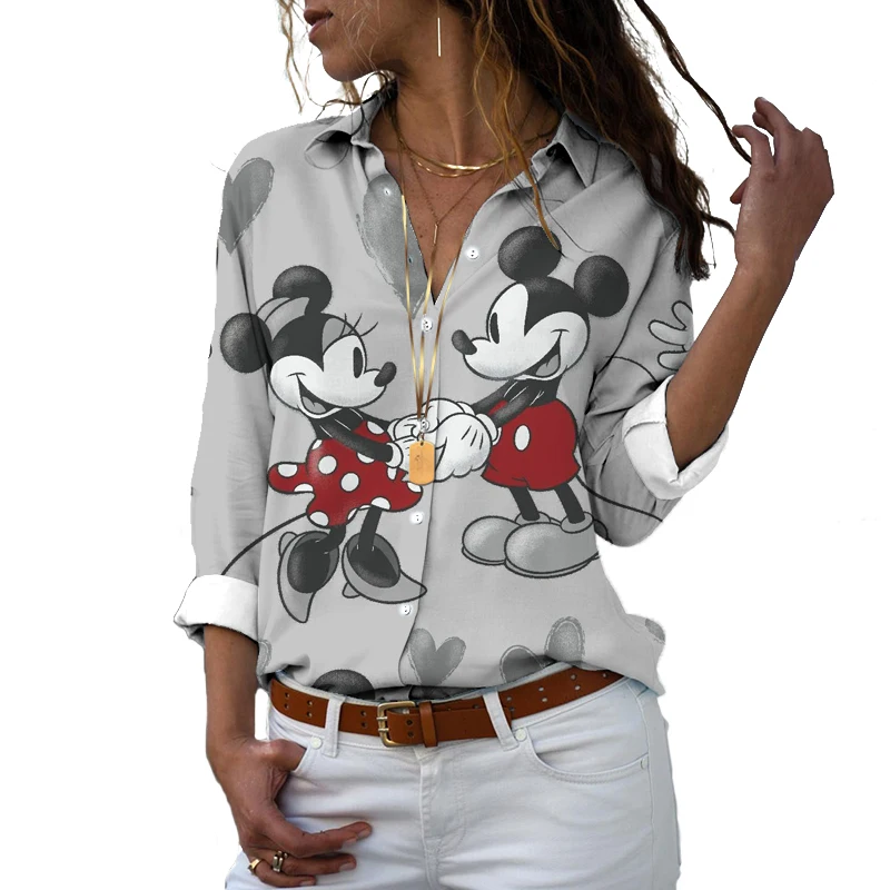 kf See1d204d79f042ffb3cf74a4ee02f0ccJ New 2022 Disney Harajuku Slim Fit 3D Printed Women Button Long Sleeve Lapel Mickey Minnie Donald