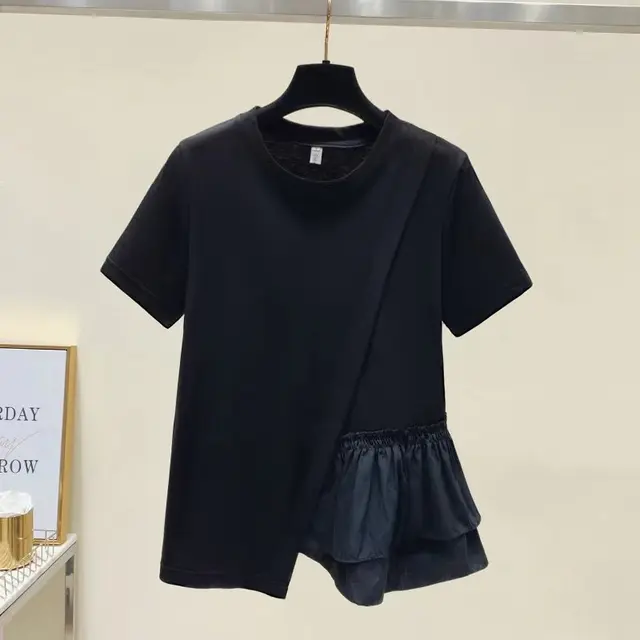 kf See6de84198a74209b8cf5cbd88970157U Summer Short Sleeve Tshirts Women Ruffles Patchwork Asymmetrical Fashion T Shirts High Street Casual All match