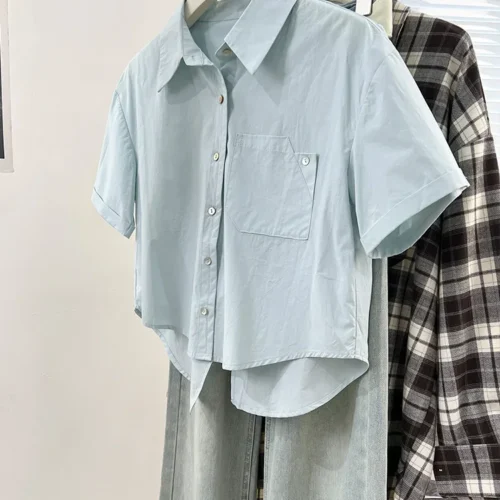 kf Sef0ce69f4a934e63842abb12cee84656J Korean Fashion Short Sleeve Shirt Women 2024 New Cute Crop Top Preppy Button up Shirts Casual