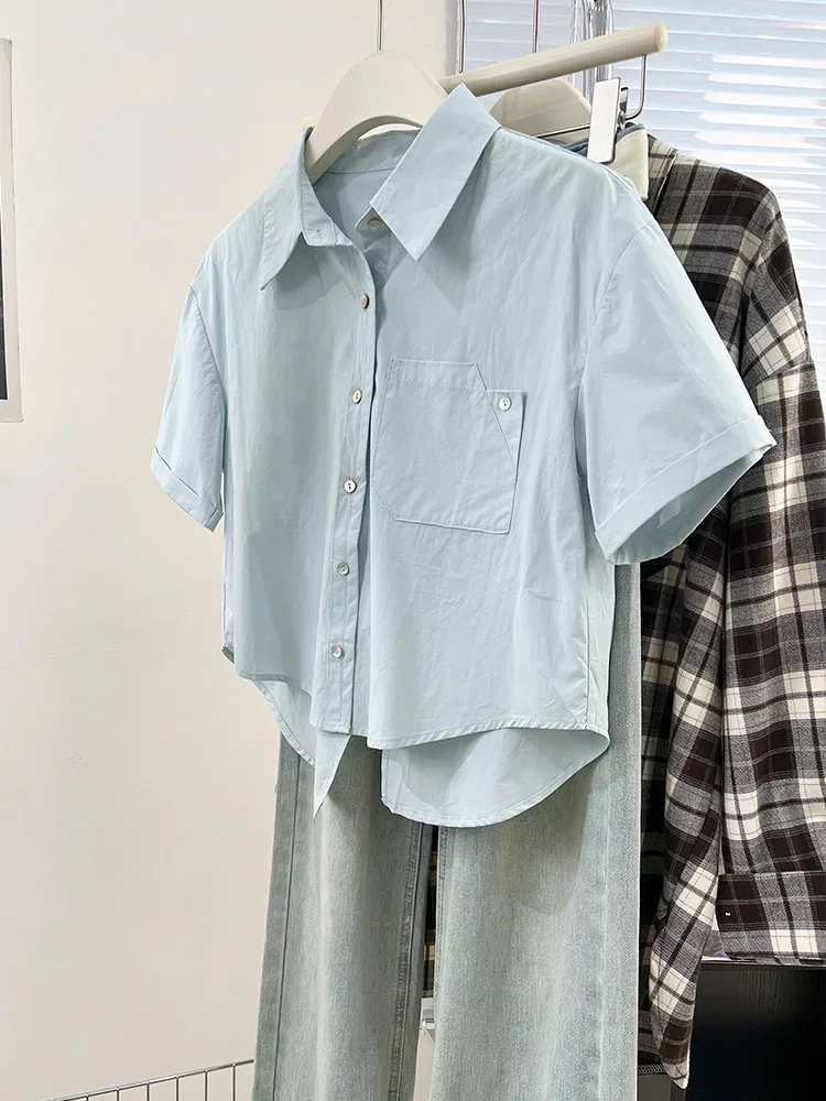 kf Sef0ce69f4a934e63842abb12cee84656J Korean Fashion Short Sleeve Shirt Women 2024 New Cute Crop Top Preppy Button up Shirts Casual