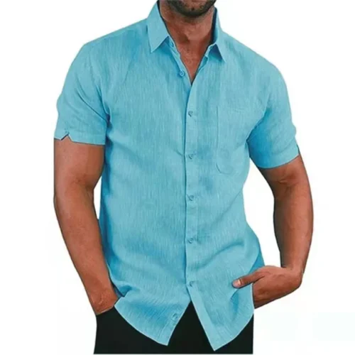 kf Sf0897abb25a8401a8f6bfcf03038f558a Summer Cotton Linen Shirts For Men Casual Short Sleeved Shirts Blouses Solid Turn Down Collar Formal