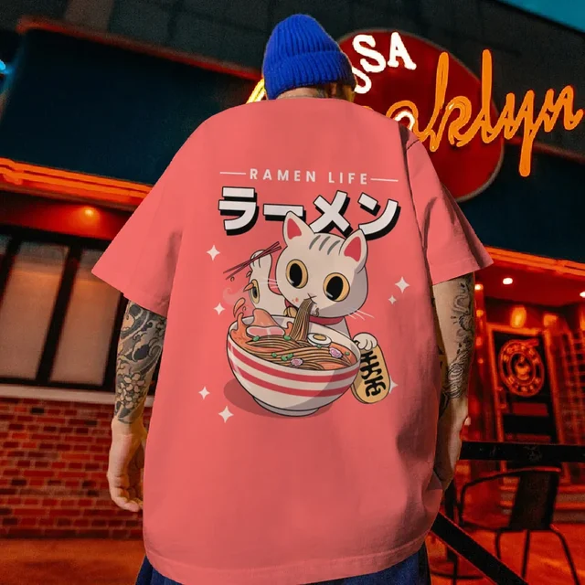 kf Sf39b6b454a554ff69e25ccf7ebc0799cI Men s T Shirt Sushi Lucky Cat Printed Male Clothing Fashion Casual Short Sleeved Loose Oversized