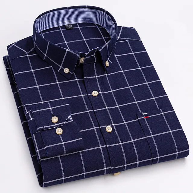 kf Sf42f988ca3024c459534a045da32c433O Men s 100 Cotton Shirt Long Sleeve Plaid Oxford Casual Solid Color Print Regular Fit Formal