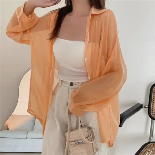 kf Sf535f14bfa7145c9868bca7707521b47Q Fashion Women Holiday Beach Shirts See Through Chiffon Blouse New Summer Tops Sun Protection Clothes Long