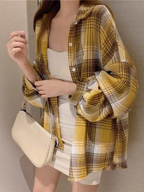 kf Sf62bc2ca382c4bbc9eecc382fe216253X Plaid Shirt Women Autumn Long Sleeve Top Female Vintage Fashion Single Breasted Blouse Ladies Preppy Style