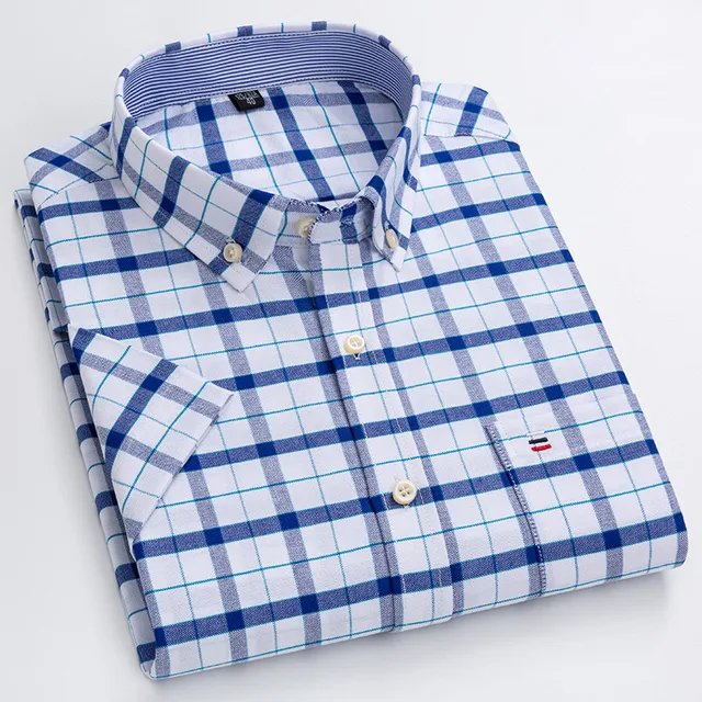 kf Sf6c14caed3024baaa9670f410fd06507N New High Quality Cotton Shirts for Men Short Sleeve Summer Plaid Striped Male Business Casual White