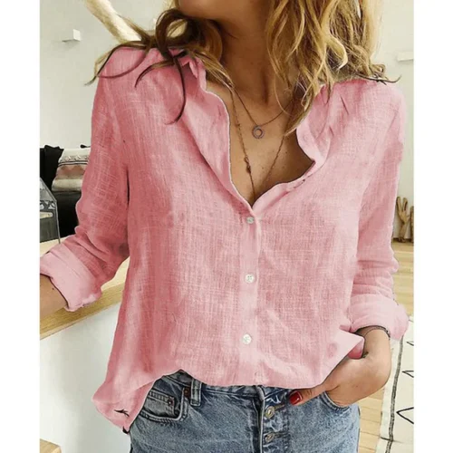 kf Sf76529edfead4b0097bfe08e1408da43R Elegant Cotton Linen Shirts Women Casual Solid Button Lapel Blouses Shirts Autumn Winter Long Sleeve Loose