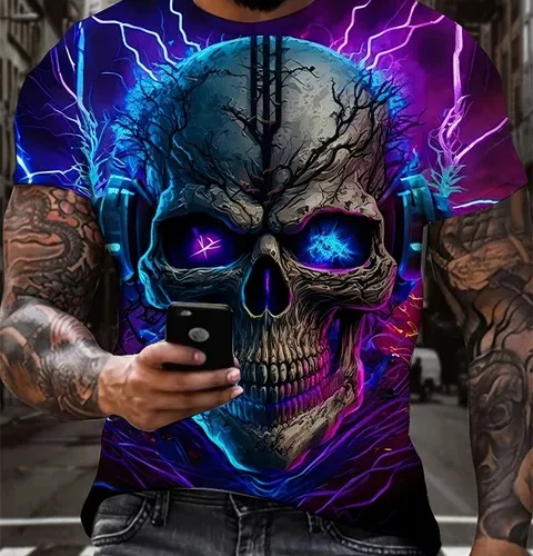 kf Sf86768ce31414ff3b5cf3eeb851f277ew Men s Horror Skull Print T Shirt 3D Print Vintage O Neck Short Sleeve Fashion Oversized