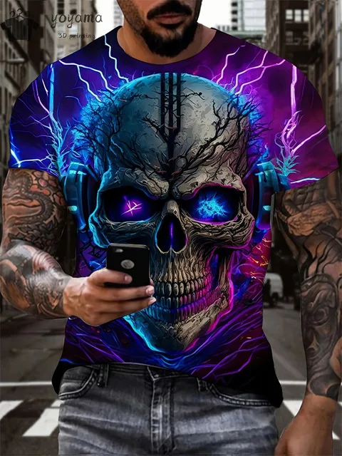 kf Sf86768ce31414ff3b5cf3eeb851f277ew Men s Horror Skull Print T Shirt 3D Print Vintage O Neck Short Sleeve Fashion Oversized