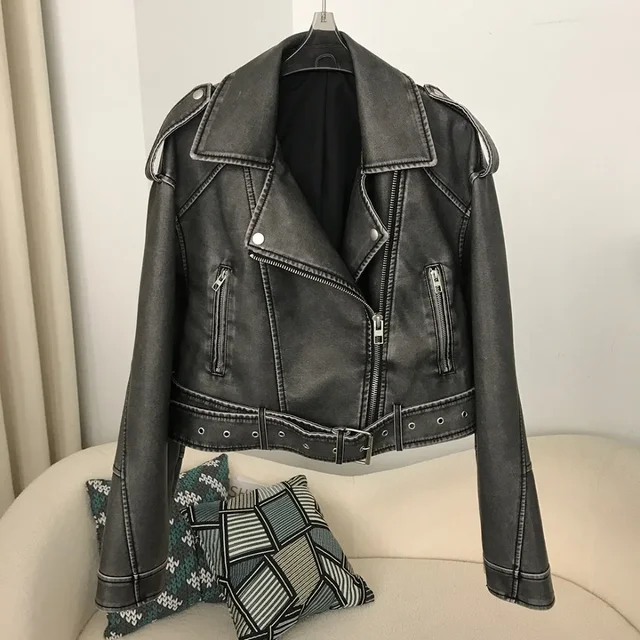 kf Sf8a97c3f54d14f9f9f3563f8ac8f403do Pu Faux Leather Jacket Woman Chic Vintage American Spring Street Wear Short Lapel Zipper Belt Biker 1