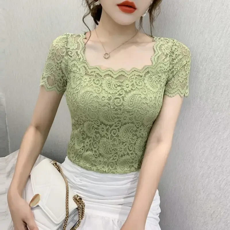 kf Sfa10696665f34309a2d233a43054d989m Blouse Women Lace Top Women s Short Sleeved Summer Square Collar Sexy Cutout Shirts Blusas Ropa