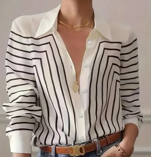 kf Sfa789721867142f29296866e68843365Y Women s Shirts Blouses Elegance Black and White Line Print Button Shirt 2024 Spring Summer Plus