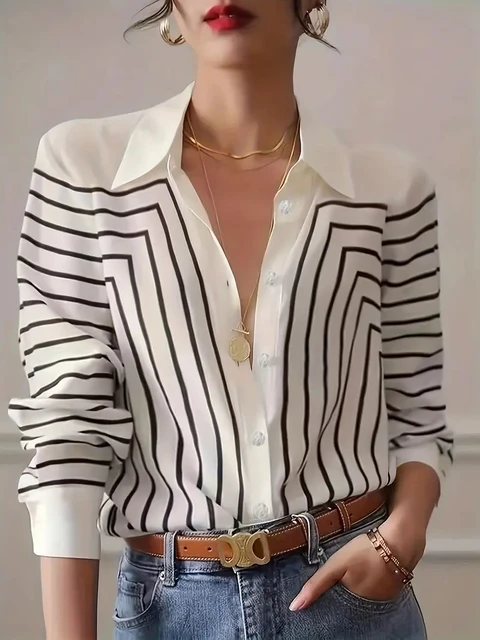 kf Sfa789721867142f29296866e68843365Y Women s Shirts Blouses Elegance Black and White Line Print Button Shirt 2024 Spring Summer Plus