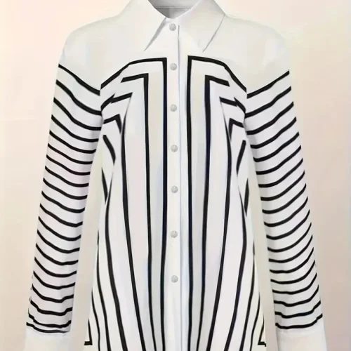 kf Sfb29a76dcfe741bbac7888a475832cba7 Women s Shirts Blouses Elegance Black and White Line Print Button Shirt 2024 Spring Summer Plus