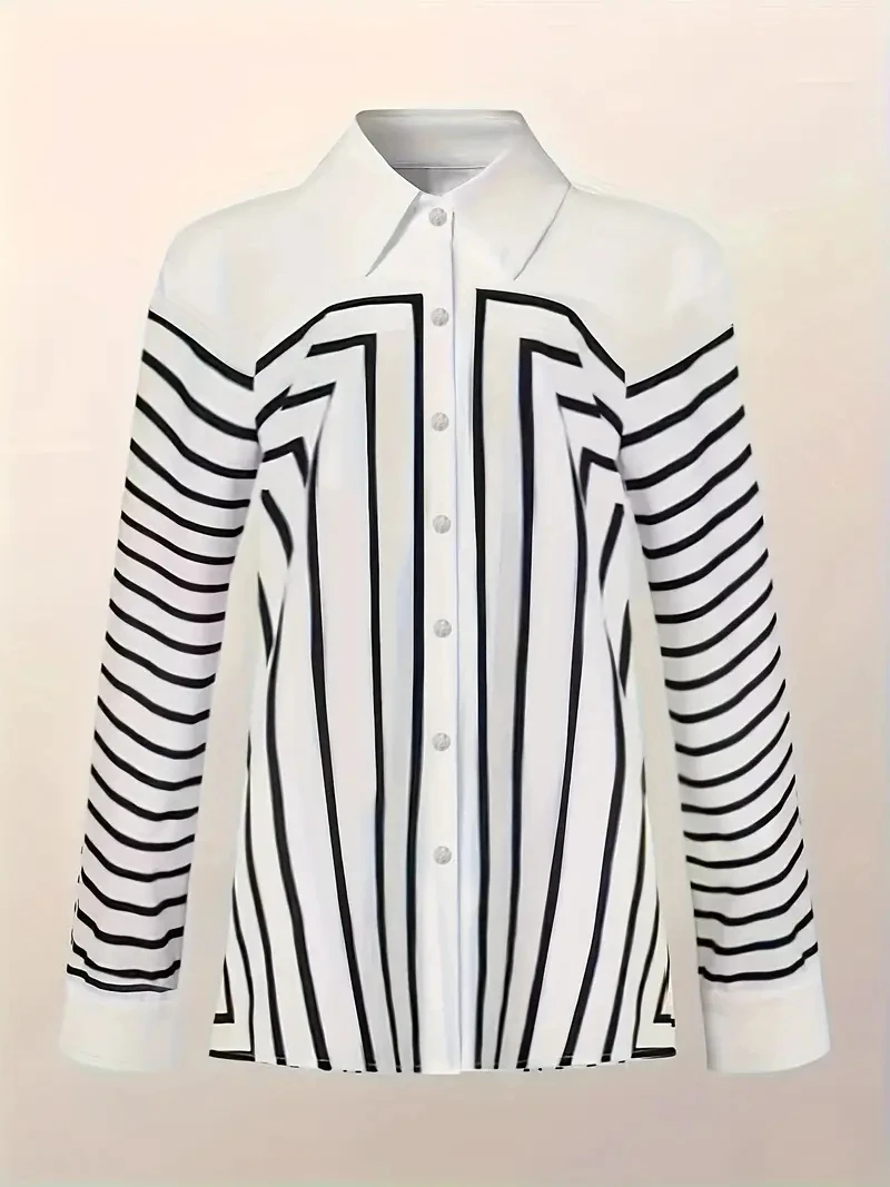 kf Sfb29a76dcfe741bbac7888a475832cba7 Women s Shirts Blouses Elegance Black and White Line Print Button Shirt 2024 Spring Summer Plus