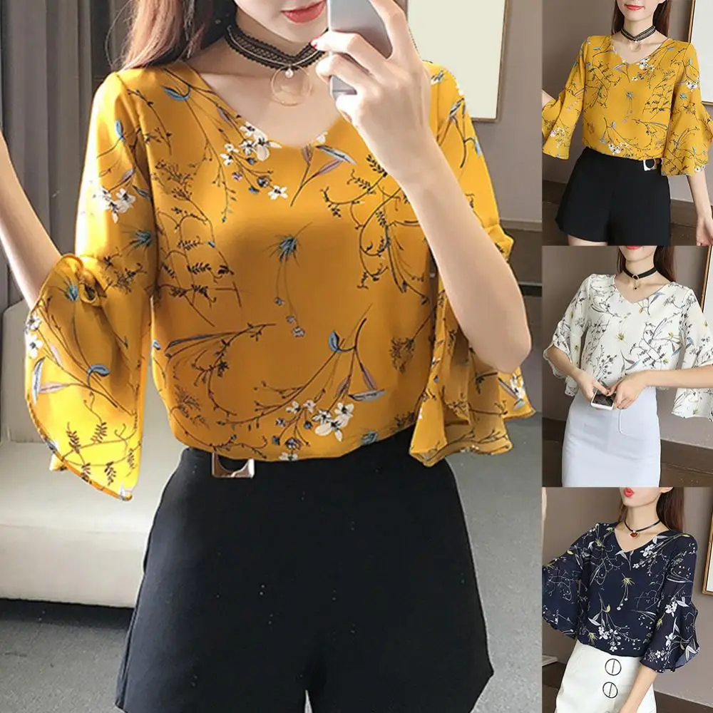 kf Sfb98f90523ef4a0a8b96ec20a5529089M Office Lady Fashion Flower Print Shirt Half Flare Sleeve V Neck Chiffon Blouse Casual Daily Wear