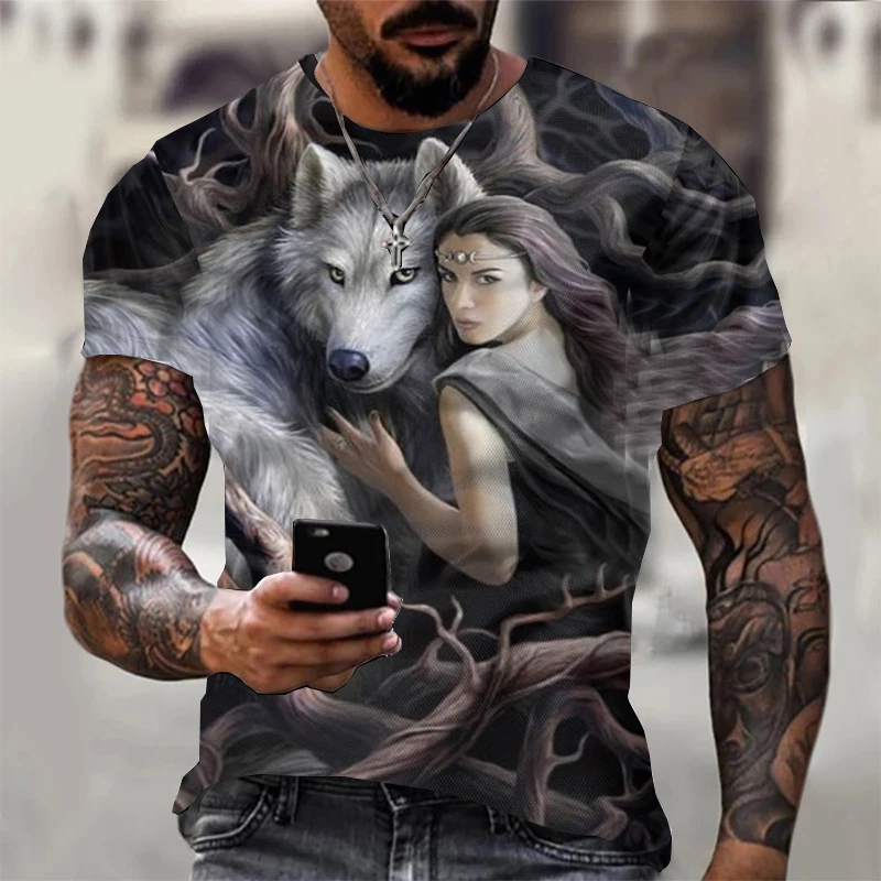 kf Sfc56a880b1014dc6bbb7befd2335437fM 3D T Shirt For Men Vintage O neck Short Sleeve Tops Girls Wolf Print Harajuku Men