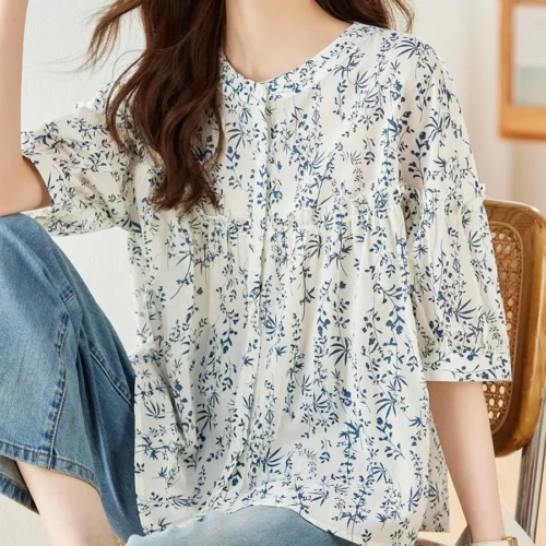 kf Sfccf316550d5436eb93ba8ec993e22acQ 2024 Spring Summer Flower Printed Cotton Shirt Round Neck Women Blouse 3 4Sleeve Summer Single breasted