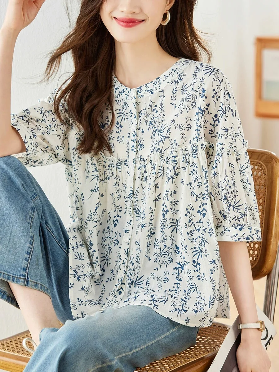 kf Sfccf316550d5436eb93ba8ec993e22acQ 2024 Spring Summer Flower Printed Cotton Shirt Round Neck Women Blouse 3 4Sleeve Summer Single breasted