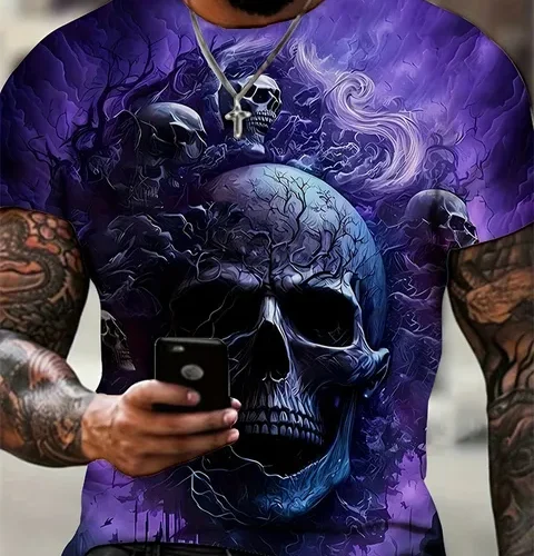 kf Sfd6dc61675e64eec861bcef4caac7b60b Men s Horror Skull Print T Shirt 3D Print Vintage O Neck Short Sleeve Fashion Oversized