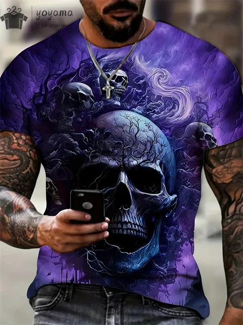 kf Sfd6dc61675e64eec861bcef4caac7b60b Men s Horror Skull Print T Shirt 3D Print Vintage O Neck Short Sleeve Fashion Oversized