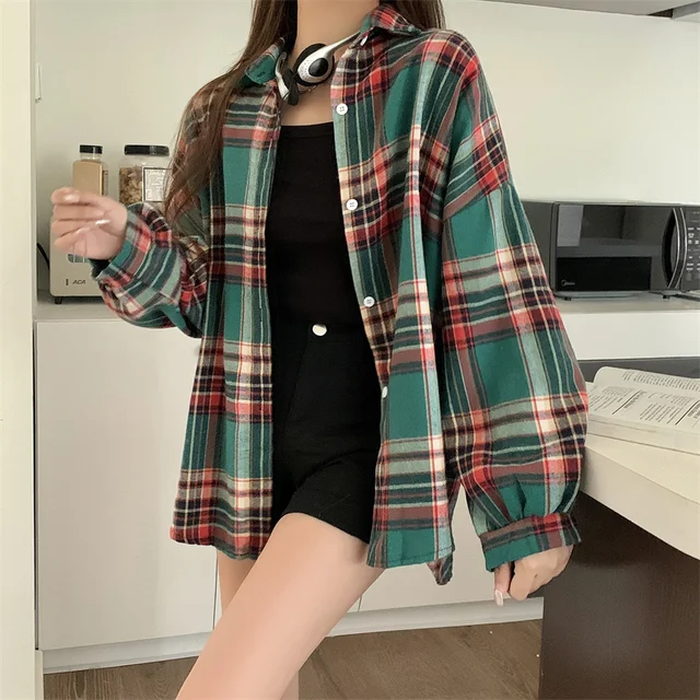 kf Sff66c7170af941519cbaf847d4734fe6B Plaid Shirt Women Autumn Long Sleeve Top Female Vintage Fashion Single Breasted Blouse Ladies Preppy Style