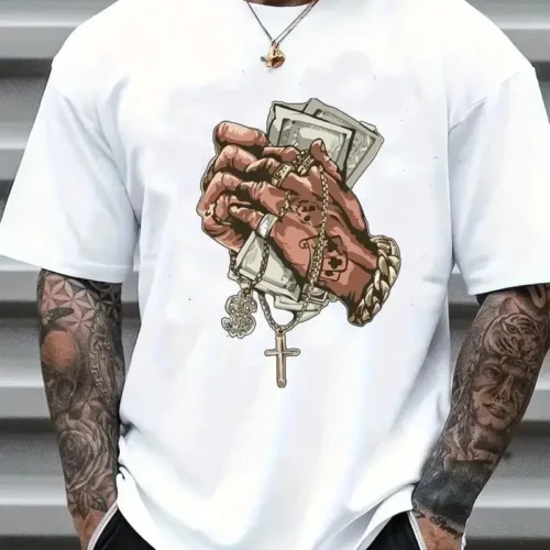 kf Sffba912d55564da0a450240b4575f937K Hands Money Print Men s T shirt Round Neck Short Sleeve Tops Patterned T shirt Men