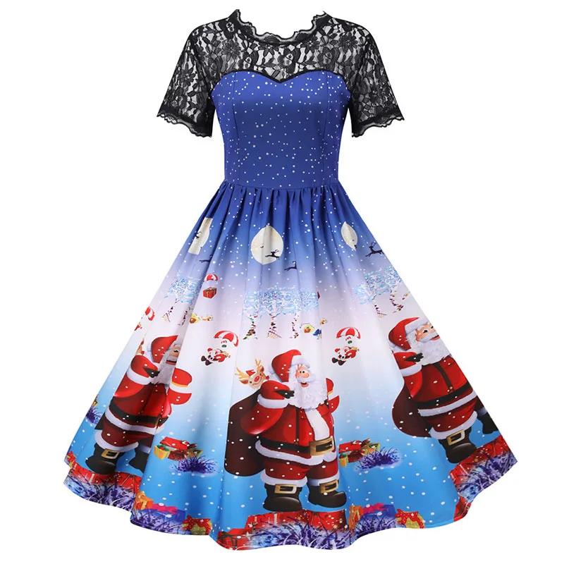 kf Hb0d6cf22b3bc44c995abfe0708f3e80fw Elegant Women Christmas Dress Vintage Swing Rockabilly Short Sleeve Lace Xmas Party Costumes