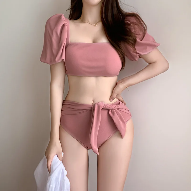 kf S0c8748a050394d4bada58e3c905a49eab Korean Style Puff Sleeves Swimsuit Bikinis Sexy Women s Summer Two piece Bow Swimwear Sexy Holiday