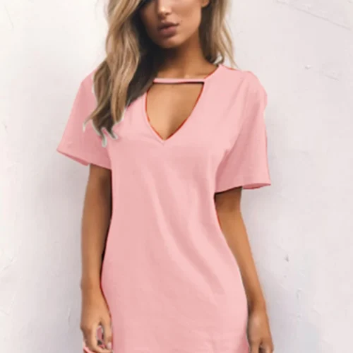 kf S1aec539a05a444958d106b6039b7313e1 Sexy Elegant Dress Wrap Deep V Neck Cut Out Loose Dress Women Solid Color Short Sleeve