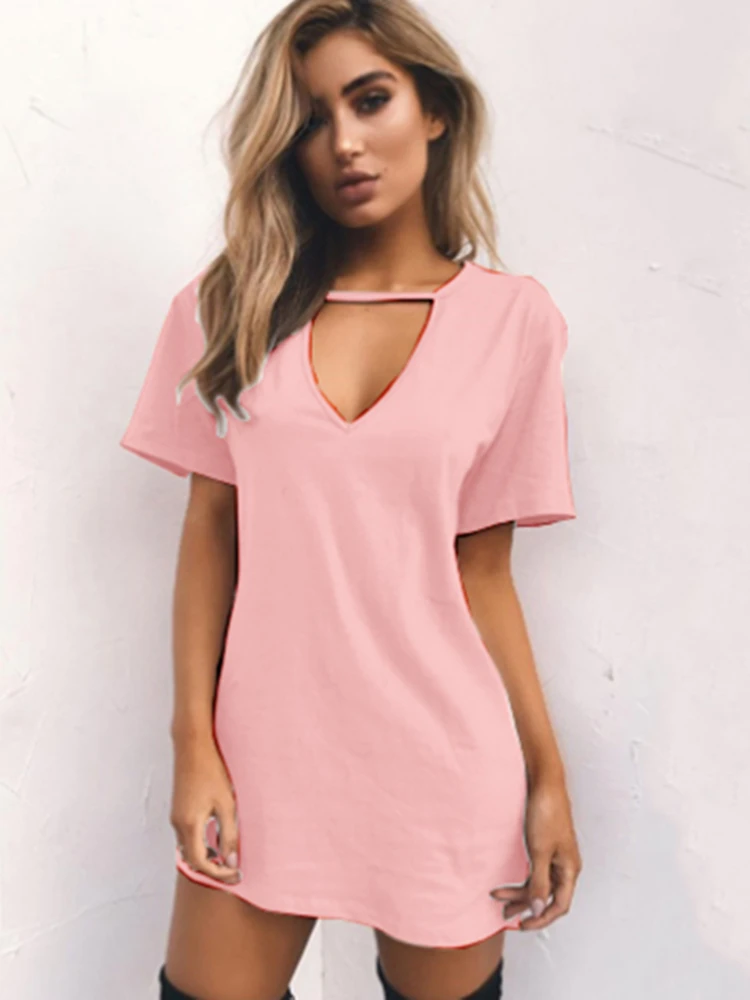 kf S1aec539a05a444958d106b6039b7313e1 Sexy Elegant Dress Wrap Deep V Neck Cut Out Loose Dress Women Solid Color Short Sleeve