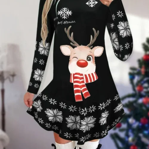 kf S25ff94b776e74bcebb2ec6a7ac13952cM Dresses For Women Christmas Theme Cartoon Print Winter Long Sleeve Dresses Fashion Evening Party Vestidos 2023