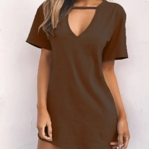 kf S3c3c76ac59024b15be8fd7e30dba81c9Y Sexy Elegant Dress Wrap Deep V Neck Cut Out Loose Dress Women Solid Color Short Sleeve