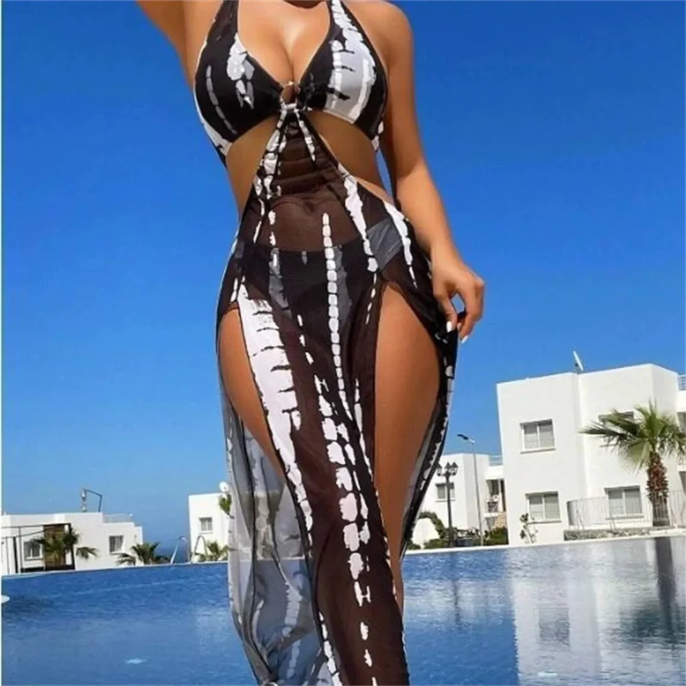 kf S47fe7b5f7b3a4495a67a5a97b2fad9dcP 3 Pieces Halter Ring Link Bikini 2024 Women Cut Out Side Cover Up Dress Hollow Out