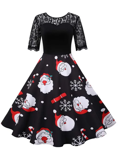 kf S4baaf98c1f48410480219e7eb1ce9450n Elegant Women Christmas Dress Vintage Swing Rockabilly Short Sleeve Lace Xmas Party Costumes