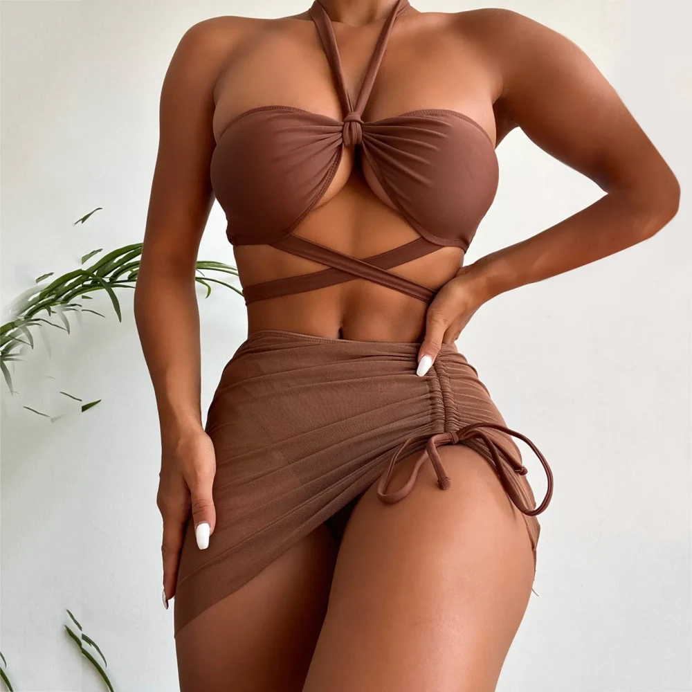 kf S5597bbf864ee42c3b8defe76cba66173i Summer 2024 New 3 Pieces Swimsuit Women High Waist Swimwear Sexy Lace Up Micro Bikini Set