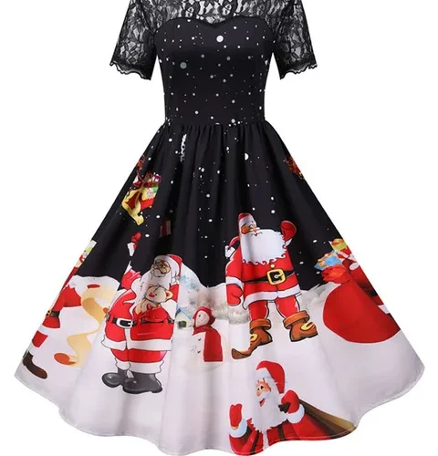 kf S5606d41f27954ea197b9a177d3ceb2dfz Elegant Women Christmas Dress Vintage Swing Rockabilly Short Sleeve Lace Xmas Party Costumes