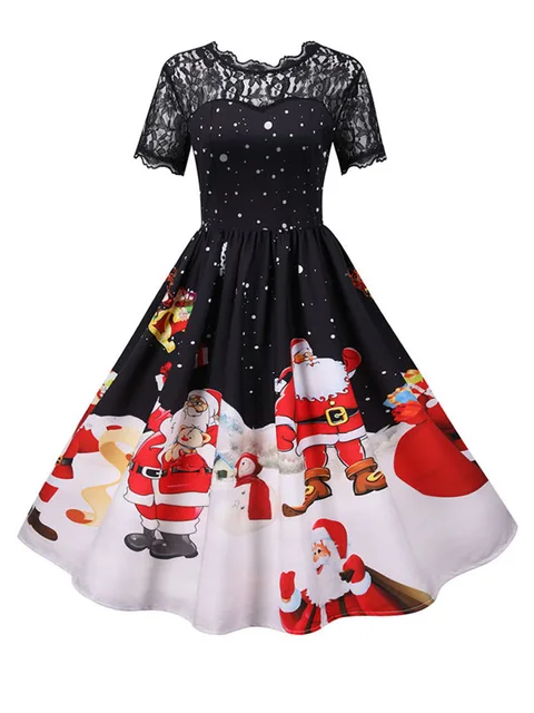 kf S5606d41f27954ea197b9a177d3ceb2dfz Elegant Women Christmas Dress Vintage Swing Rockabilly Short Sleeve Lace Xmas Party Costumes