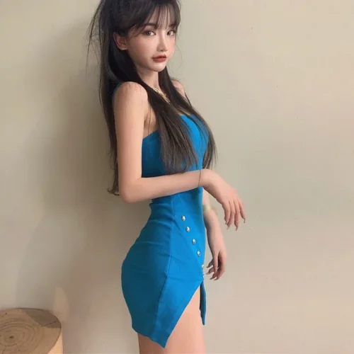 kf S5e1a6d8dfe654d9ca09d3970cc1cd6364 Backless Sling Dress Slit Design Slim Fit Sleeveless Hip Wrap Sexy Suspender Dress Solid Color Hotgirl