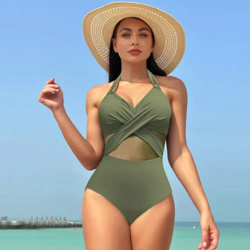 kf S612cfe5eba19485f902677ee5531f8154 Women One Pieces Solid Swimsuits Sexy Swimwear Bathing Suits Rib Mesh V neck Swimsuit Bathing Suit