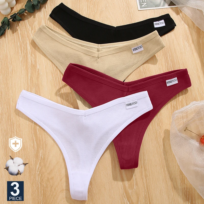 kf S64a9dc3e568d416fb3a1189a9b48c0cdi FINETOO 3PCS Set G string Panties Waffle Cotton Women s Underwear Sexy Panties Female Underpants Thong