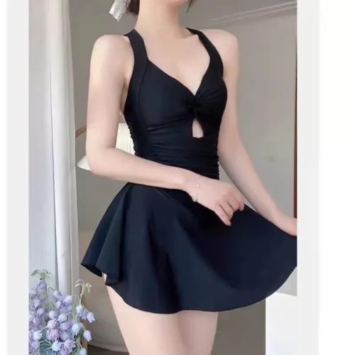 kf S6d757d0900224e9c8ffdeb3586524ca2W sexy Korean fashion conservative swimsuit one piece wrinkled cross mini dress culottes black and grey bikinis