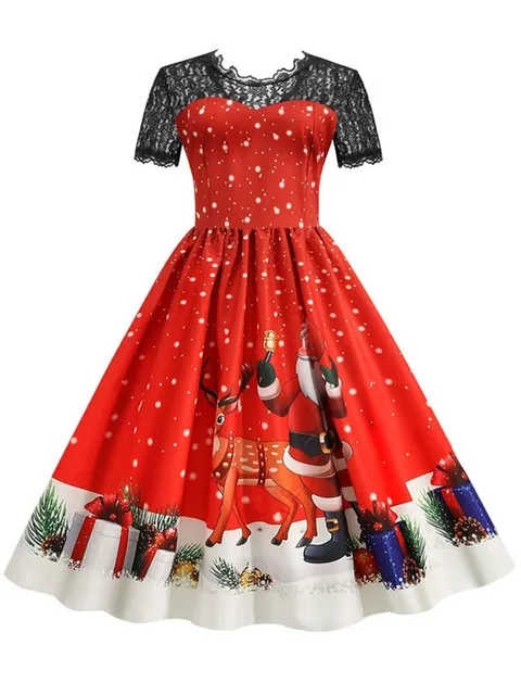 kf S71a9deda01c94ace86dc56afa41942461 Elegant Women Christmas Dress Vintage Swing Rockabilly Short Sleeve Lace Xmas Party Costumes