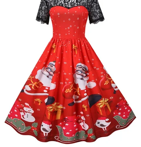 kf S765b50619d9f41cda5426780eb6204d24 Elegant Women Christmas Dress Vintage Swing Rockabilly Short Sleeve Lace Xmas Party Costumes