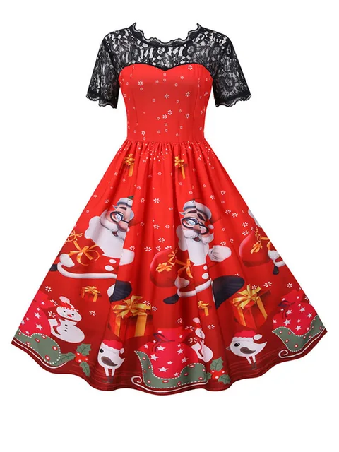 kf S765b50619d9f41cda5426780eb6204d24 Elegant Women Christmas Dress Vintage Swing Rockabilly Short Sleeve Lace Xmas Party Costumes