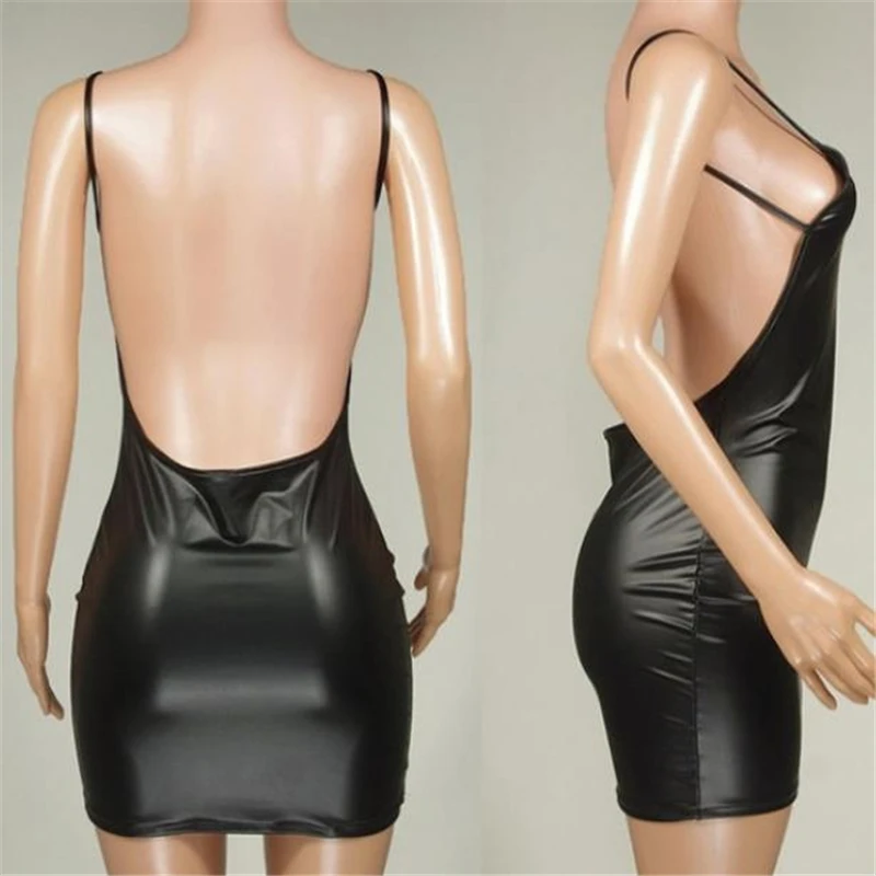 kf S77b3f196ec994f8c8ca37f1aba4f6ec74 Sexy Faux Leather Dress Backless Club Party Short Dress Solid Black Wet Look Latex Bodycon Push