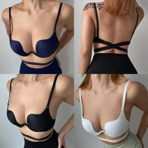 kf S7f591ada3e6440c08d91fe0f41dfdd622 Summer Backless Bras Women Invisible Deep U Lingerie Sexy Crossband Underwear Low Cut Push Up Open