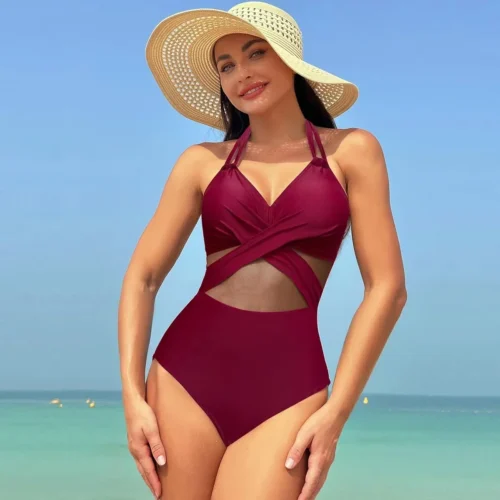 kf S82afdbff96bb4eb2b3900131fcd49b7bl Women One Pieces Solid Swimsuits Sexy Swimwear Bathing Suits Rib Mesh V neck Swimsuit Bathing Suit