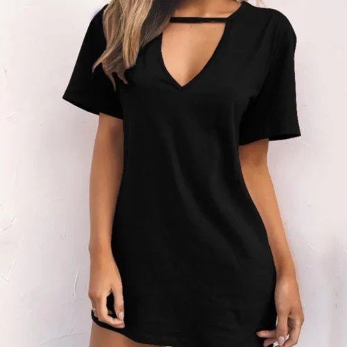 kf S93a7b440cc9a4fa0aabae34a1d06a009e Sexy Elegant Dress Wrap Deep V Neck Cut Out Loose Dress Women Solid Color Short Sleeve